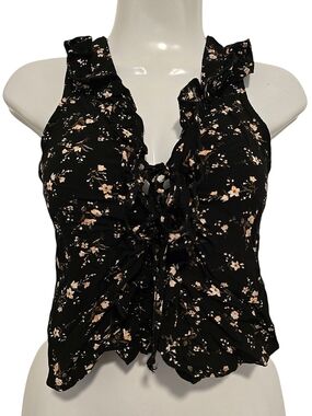 Don't Ask Why - Black Floral Ruffle Sleeveless Blouse